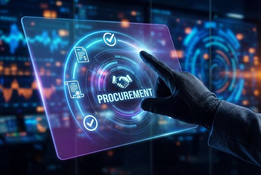 Gloved hand touching digital procurement interface with handshake icon and business symbols on screen