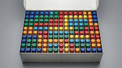 Cryogenic storage box with colorful laboratory vials