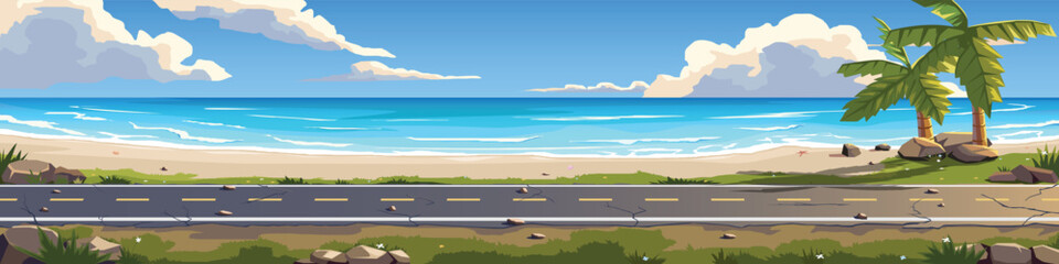 Vector illustration of an asphalt coastal road running along a sandy beach. And turquoise ocean with palm trees under a blue sky with fluffy white clouds. Summer seaside landscape background.