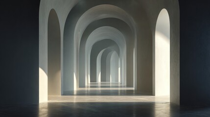 Fototapeta premium Serene architectural perspective showcases repeating archways and natural light, creating a long tunnel