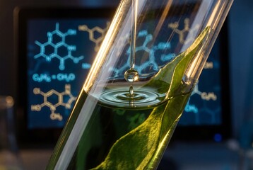 Biotechnology experiment with green leaf in test tube receiving liquid drop against chemical data