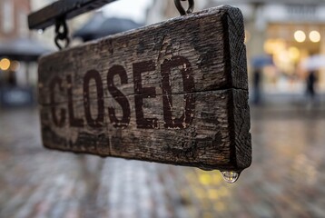 Weathered wooden closed sign hanging in rain with water droplet and blurred wet street background