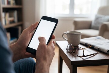 Male hands holding black smartphone with blank white screen for mockup near coffee and eyeglasses