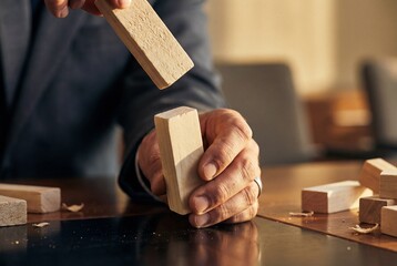 Businessman hands arranging wooden blocks on a table to build a structure representing strategy