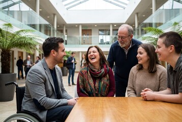 Happy diverse team including man in wheelchair talking and laughing in bright modern office hall