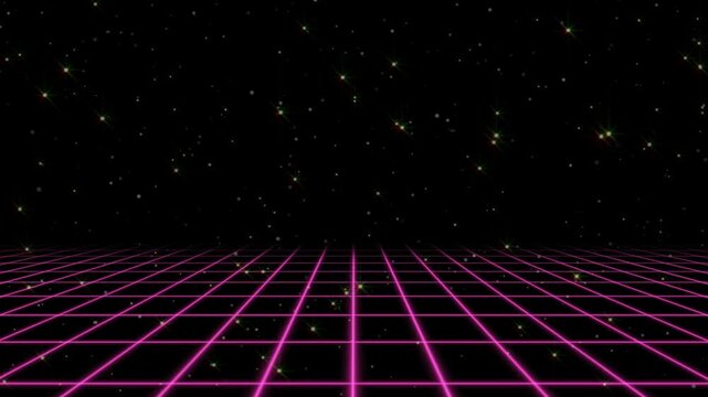 Glowing pink grid lines recede into the distance against a starry night sky with a black background in this futuristic digital landscape video