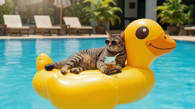 Playful cat relaxing on a giant rubber duck float in a sunny pool environment