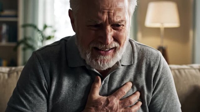 Silent Anguish: An older man clutches his chest, pain etched across his face, a poignant portrayal of distress and health struggle.