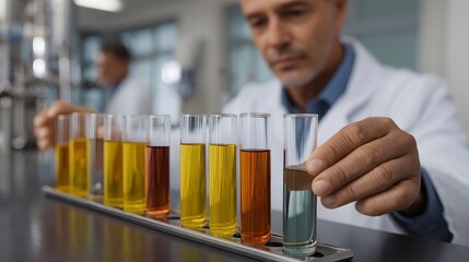 Scientist observing colorful chemical liquids in test tubes in a laboratory
