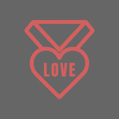 Red heart shaped medal with love text on gray background