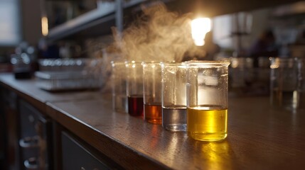 Close up of a laboratory bench featuring a row of beakers filled with colored liquids emitting steam under warm dramatic lighting
