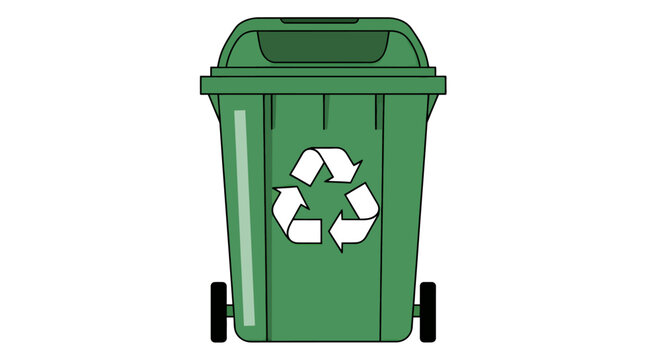 Green recycling bin with wheels and recycling symbol on front.