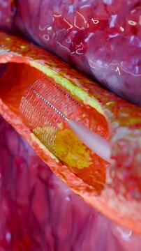 Blocked Artery, Collapsed balloon angioplasty procedure with Coronary stent in vein, blood flow circulation, vessels, cholesterol fat or atheroma blocking circulation, atherosclerosis, 3d render