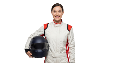 Female race car driver holding helmet on transparent background