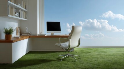 Modern Home Office: Desk, Chair, Sky View, Green Floor