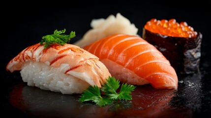 sushi with salmon, crab, and fish on a black background