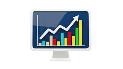 Computer monitor displaying a 3D bar graph and line chart with upward trend