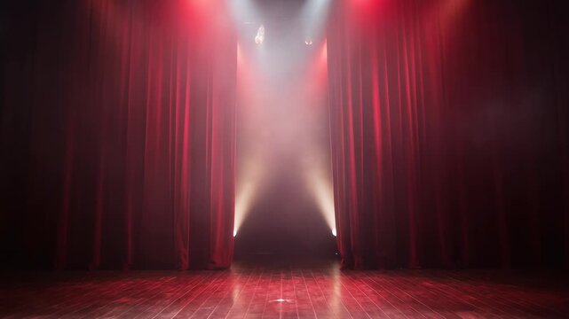 Stunning theatrical stage with dramatic lighting and red curtains for performances and events