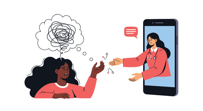 A black woman with a tangled thought bubble seeks help from a female doctor on a smartphone screen, illustrating online mental health therapy. - Powered by Adobe