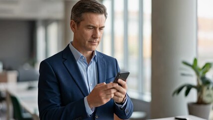 Businessman using smartphone in modern office, professional lifestyle concept