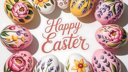 Easter greeting card with eggs, Happy easter printable banner, Easter convention poster, Easter backdrop with colorful eggs, happy easter calligraphy letter, created with generative ai