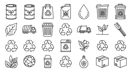 Set of black line icons representing waste management and recycling concepts.
