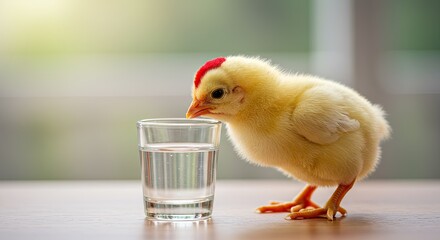 Close up of a young chicken beside a glass of water on a wooden table