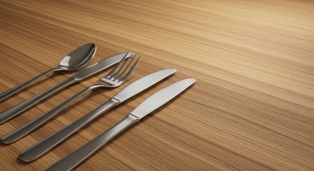 Close up of elegant silverware on a smooth wooden surface