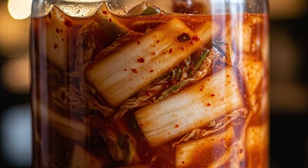 Close up of fermented kimchi in a glass jar for culinary presentation