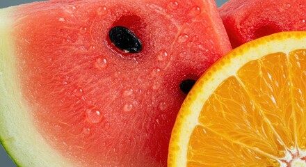 Close up of fresh watermelon and orange slices showcasing vibrant colors