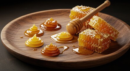 Close up of golden honey and honeycomb on a wooden plate natural food
