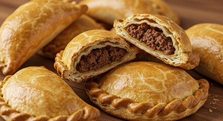 Close up of golden baked savory hand pies with delicious meat filling