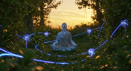 Meditating figure surrounded by futuristic energy in forest environment