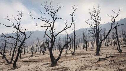 Burned Forest After Wildfire  Dead Trees in Scorched Earth Scene Environmental Damage After Forest Fire 