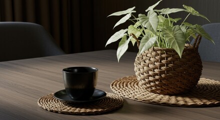 Minimalist interior still life with plant and coffee cup on a wooden table