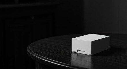 Minimalist white box on dark table with dramatic lighting and copy space