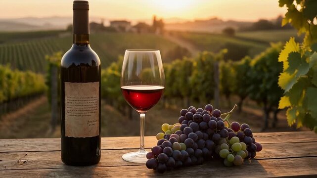 Elegant wine bottle and glass with fresh grapes in a scenic vineyard at sunset