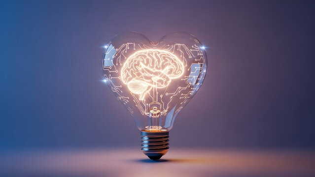 Heart Shaped Light Bulb With Glowing Brain Inside valentain photo