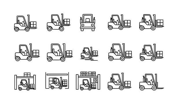 Forklift line icons vector set with multiple stroke styles for logistics warehouse and industrial UI design