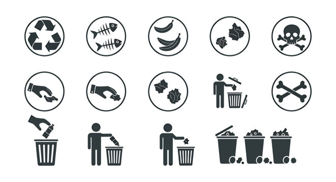 Set of black and white recycling and waste disposal icons with various symbols.