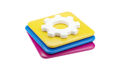Stack of CMYK colored squares with a white gear icon