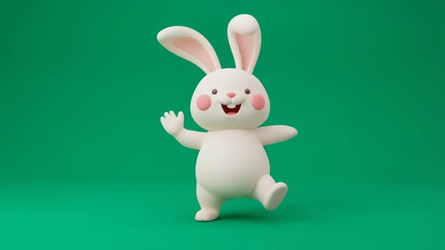 Cute cartoon bunny character waving happily on a vibrant green background for joyful illustrations