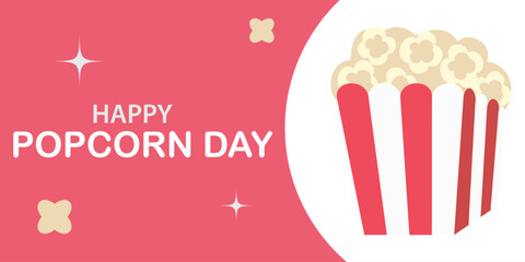 Festive graphic banner design celebrating happy popcorn day featuring a classic striped container filled with fluffy snacks