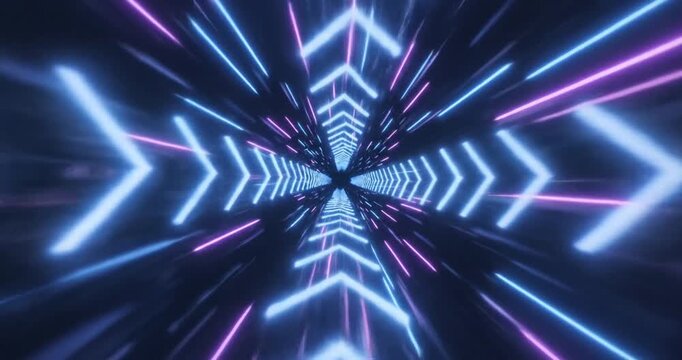 Futuristic neon arrow tunnel zooming through light.
