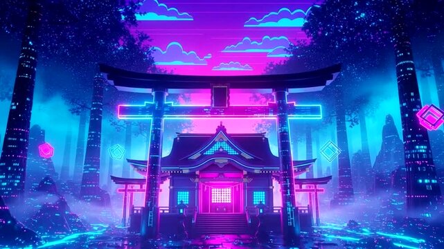 Futuristic Neon Temple Entrance Night Scene.