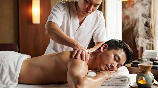 Man getting relaxing back and shoulder massage from male therapist in luxury spa. Wellness and aromatherapy session.