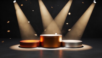 Spotlight shining golden award podium, dramatic lighting highlights metallic surfaces, symbolizing achievement, celebration, competition and recognition in a modern, stylish setting.