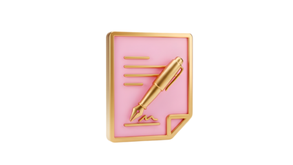 Pink Document with Gold Pen Icon on White Background