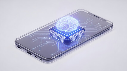 Smartphone integrating 3d edge computing concept with artificial intelligence brain on a glowing cpu chip, showcasing advanced mobile processing.