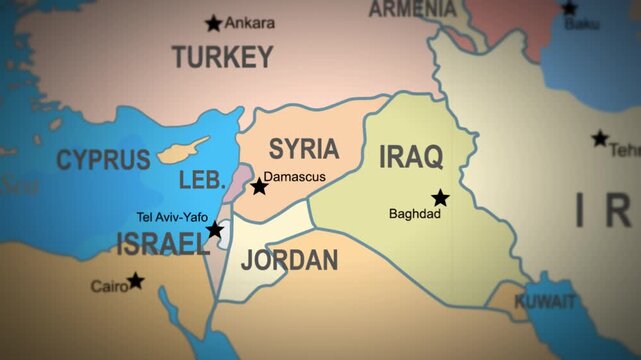 Comprehensive map showcasing key Middle Eastern borders and urban centers